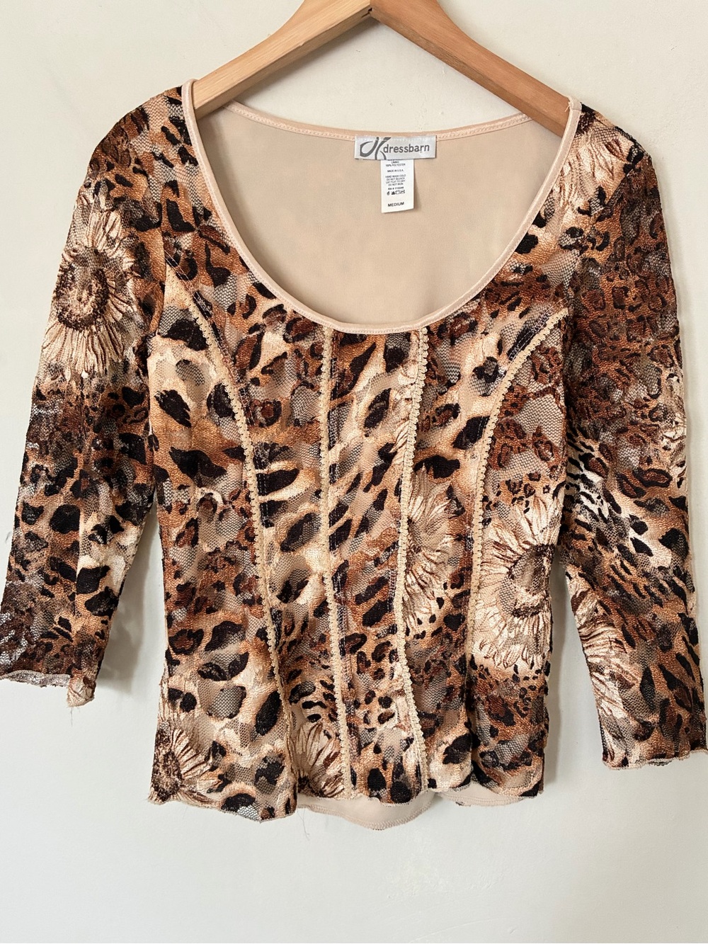 Dressbarn Y2K Vintage Leopard Print Mesh Lace Trim Top Brown Fall Floral M